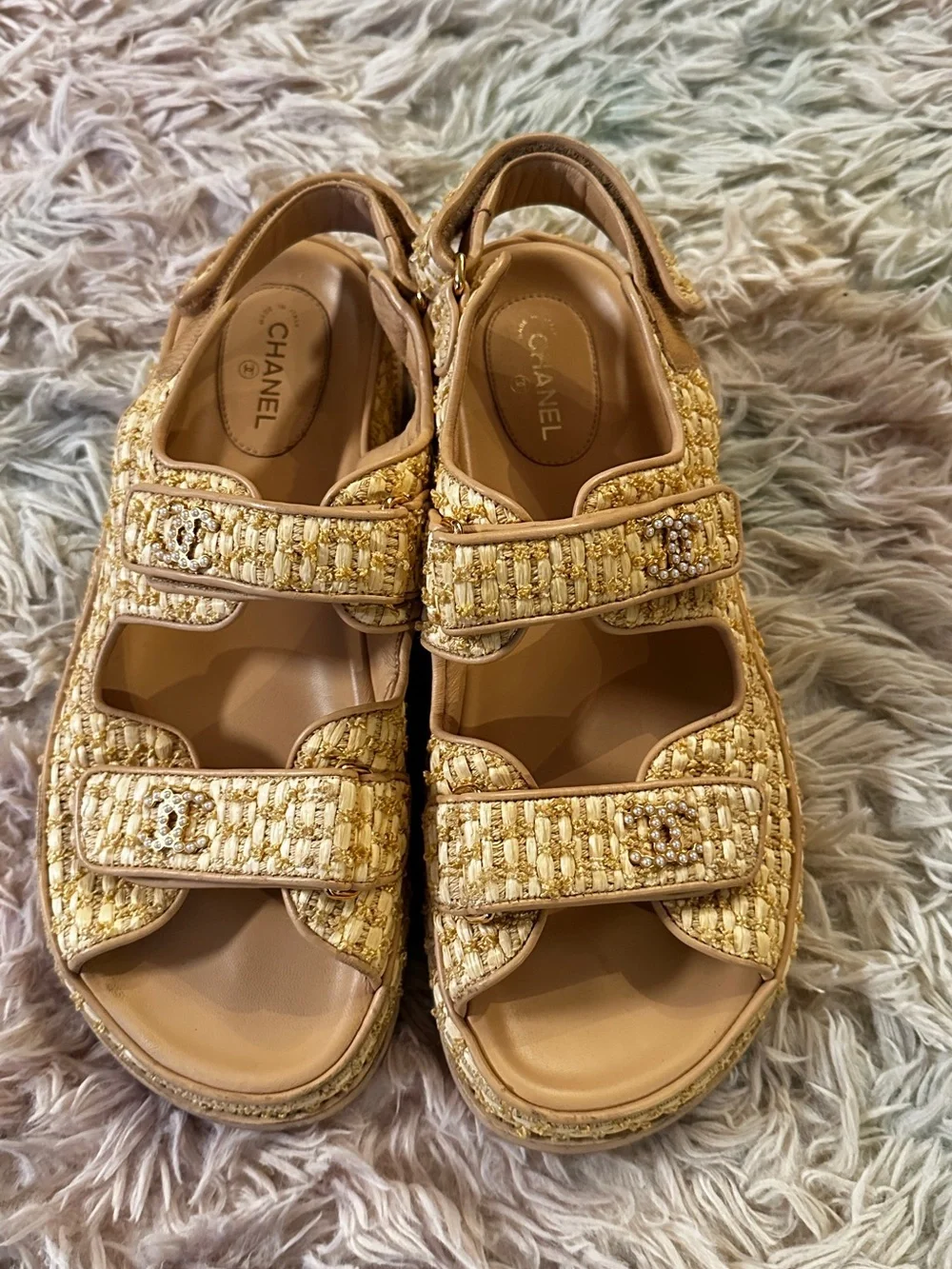 Chanel Authentic Raffia Pearl Velcro Dad Sandals Size 41